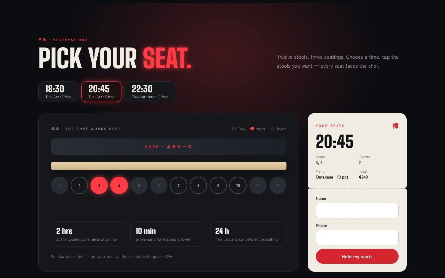Booking: pick a seating, then tap the stools you want on a map of the counter