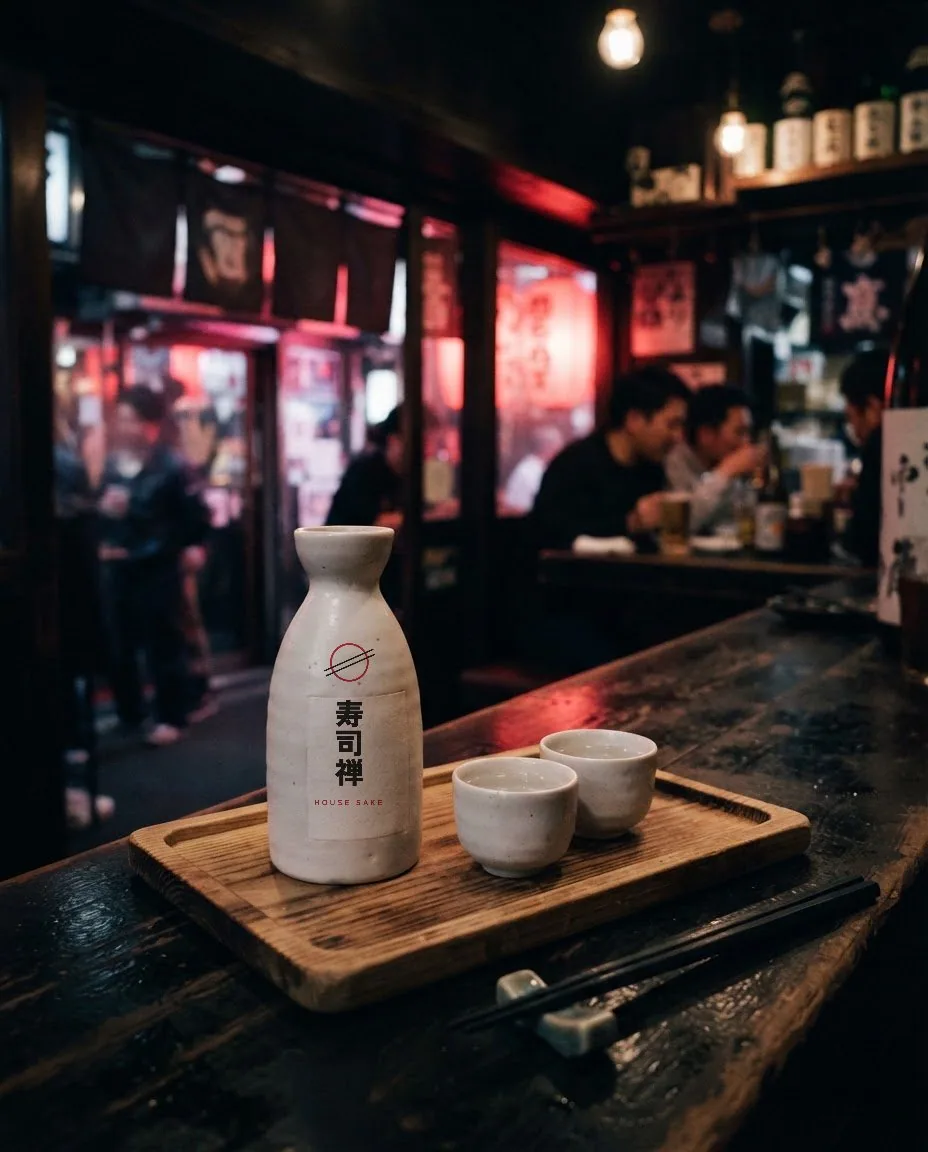 House sake with the vertical 寿司禅 label