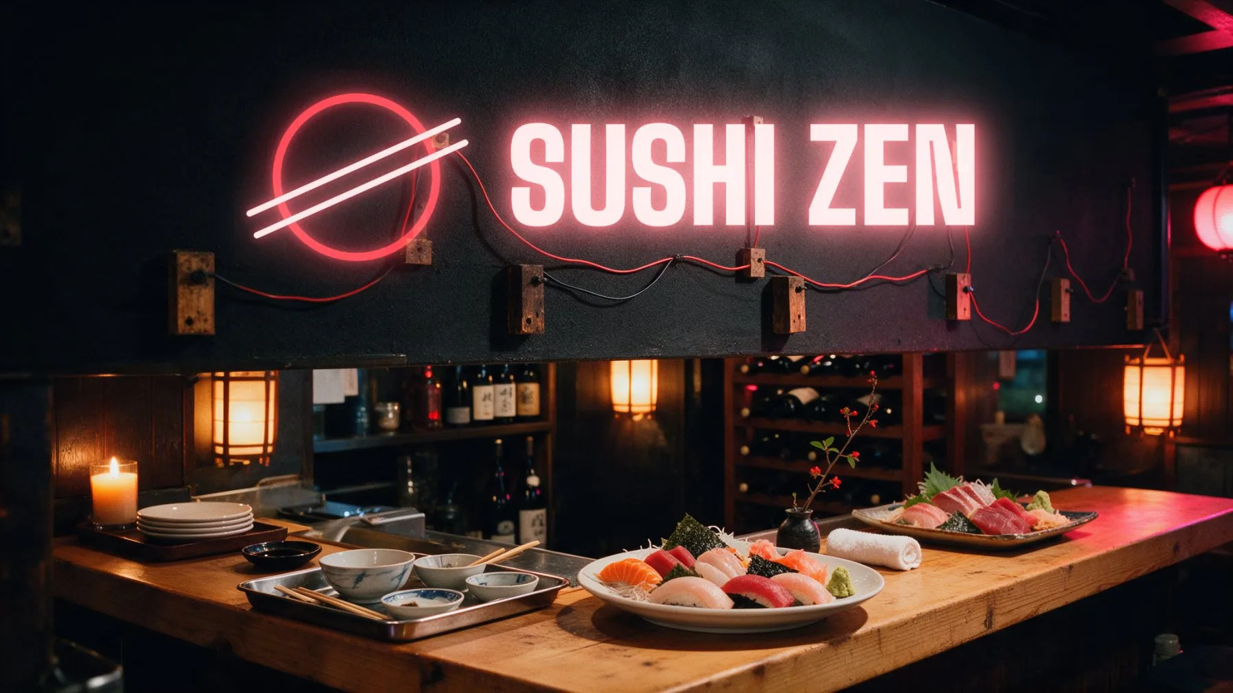 The neon lockup above the counter
