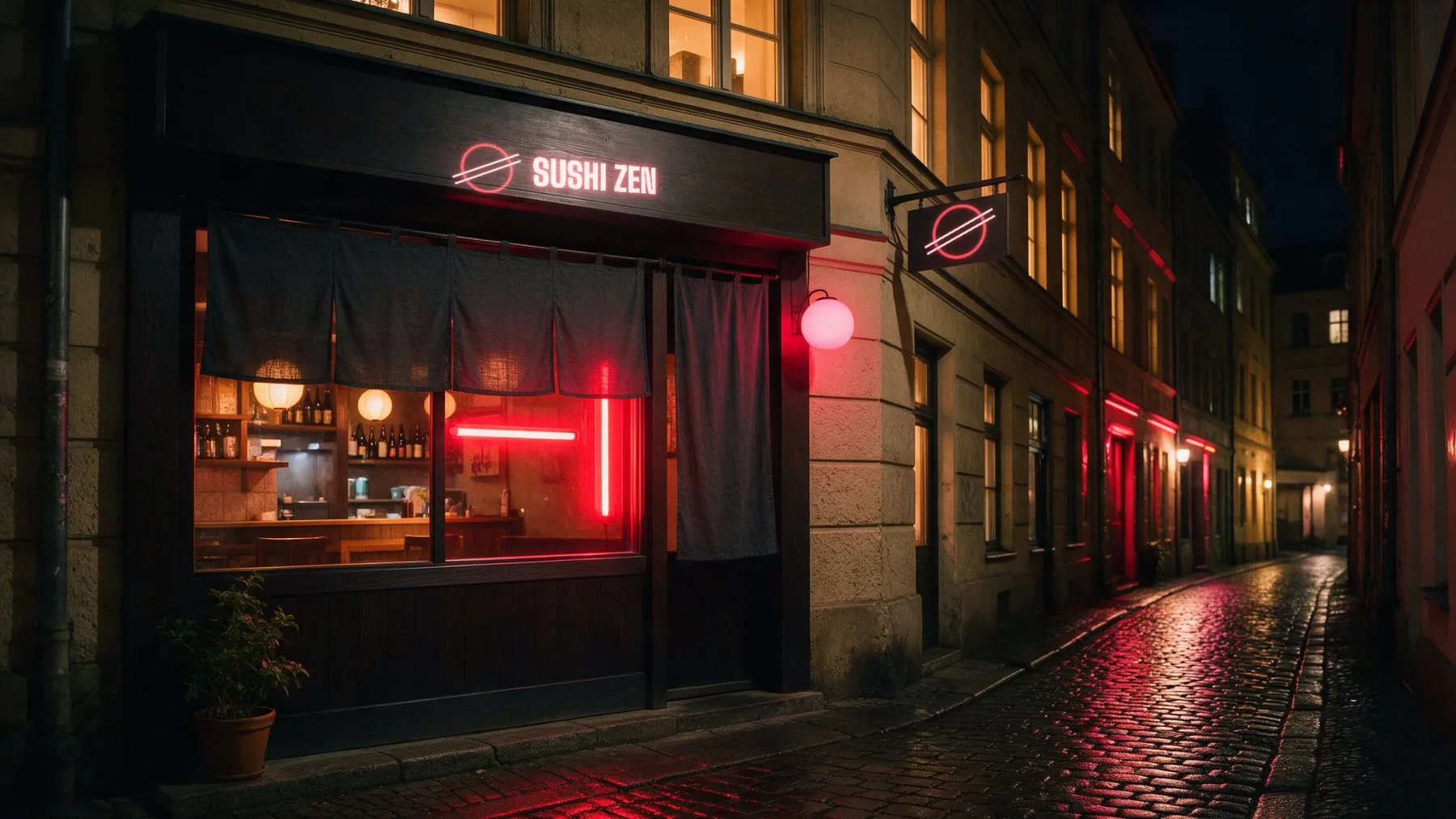 The storefront with neon fascia and blade sign