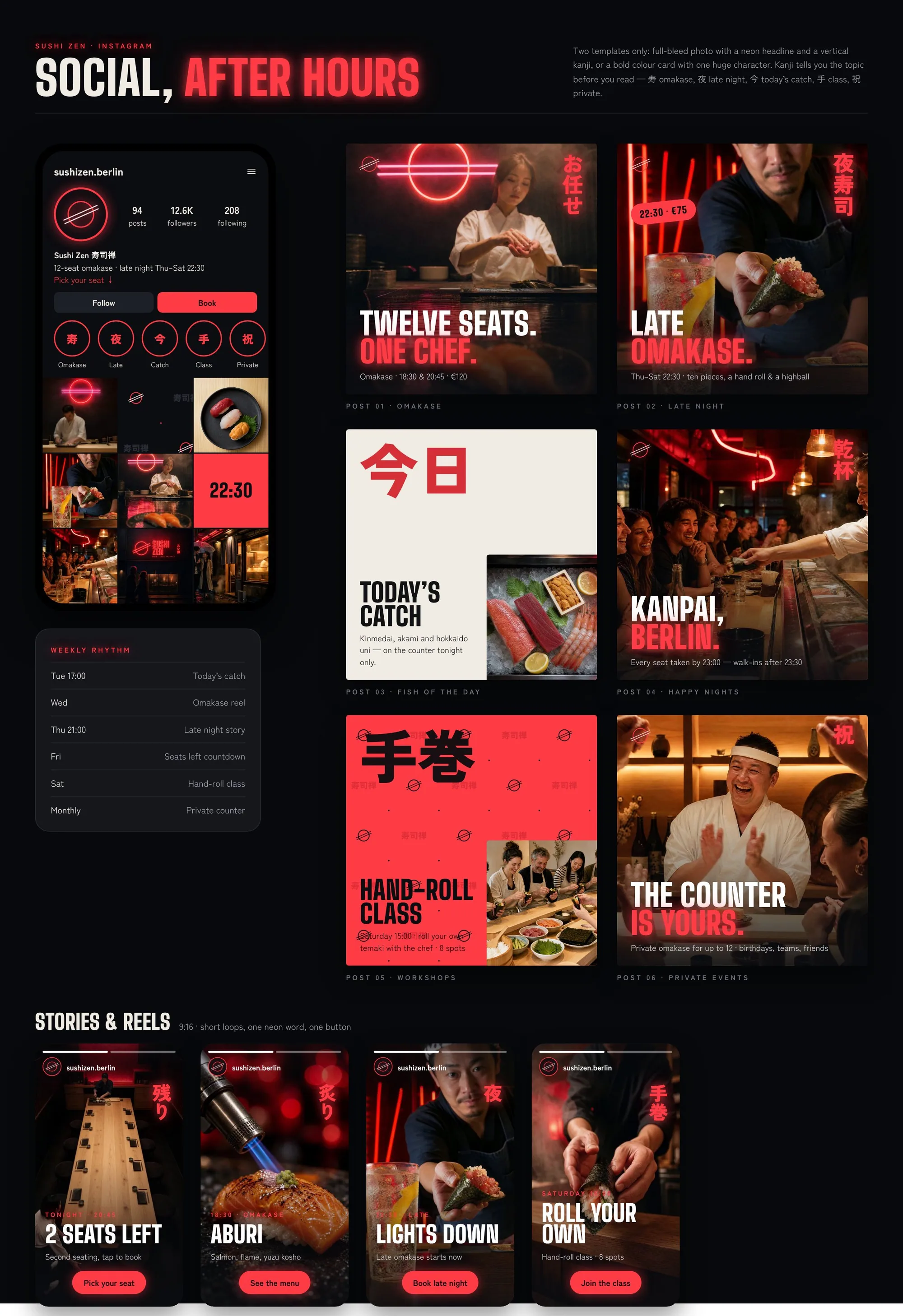Instagram profile, six feed posts and four stories for Sushi Zen