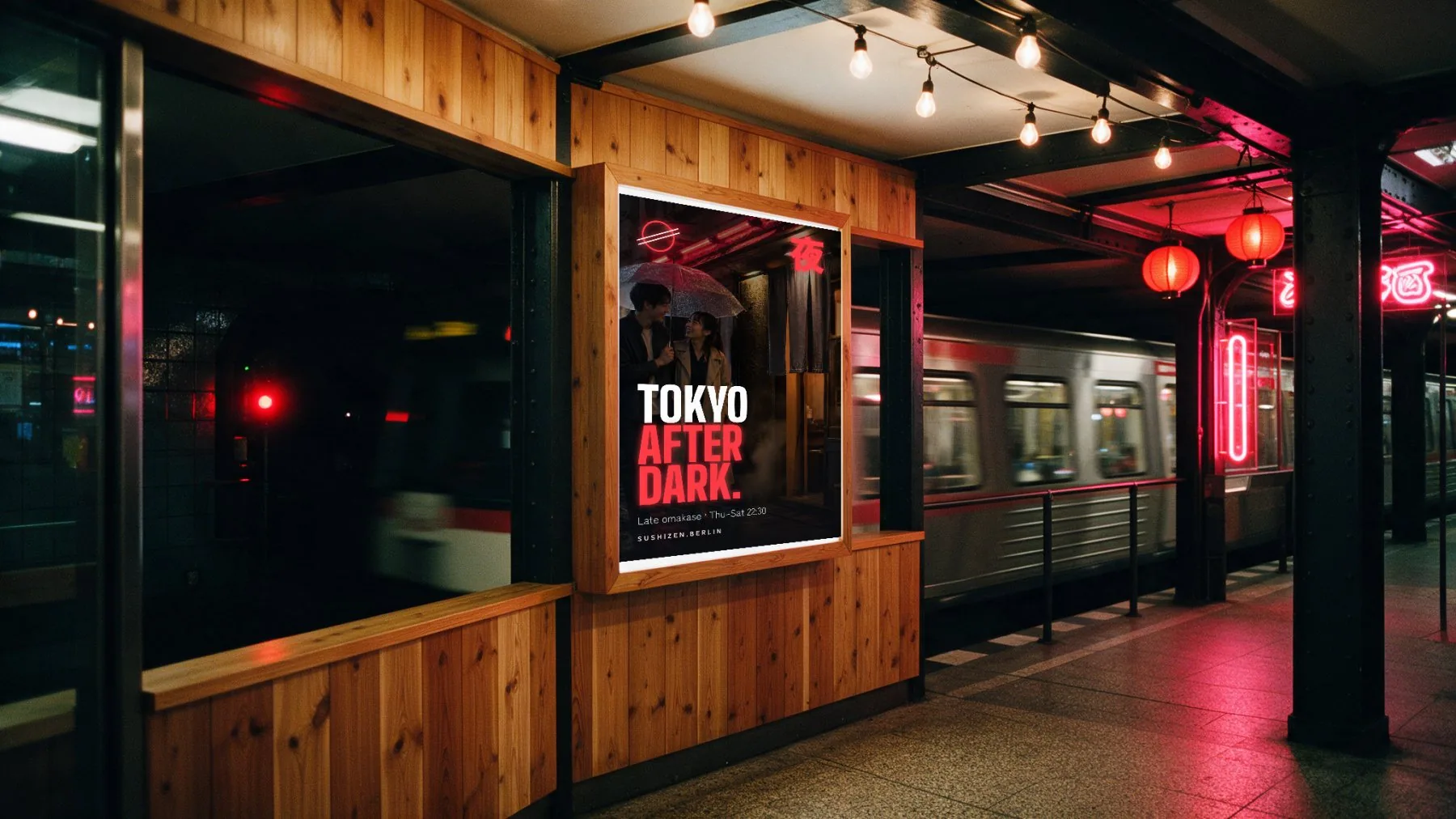 “Tokyo after dark.” in a lightbox on a U-Bahn platform